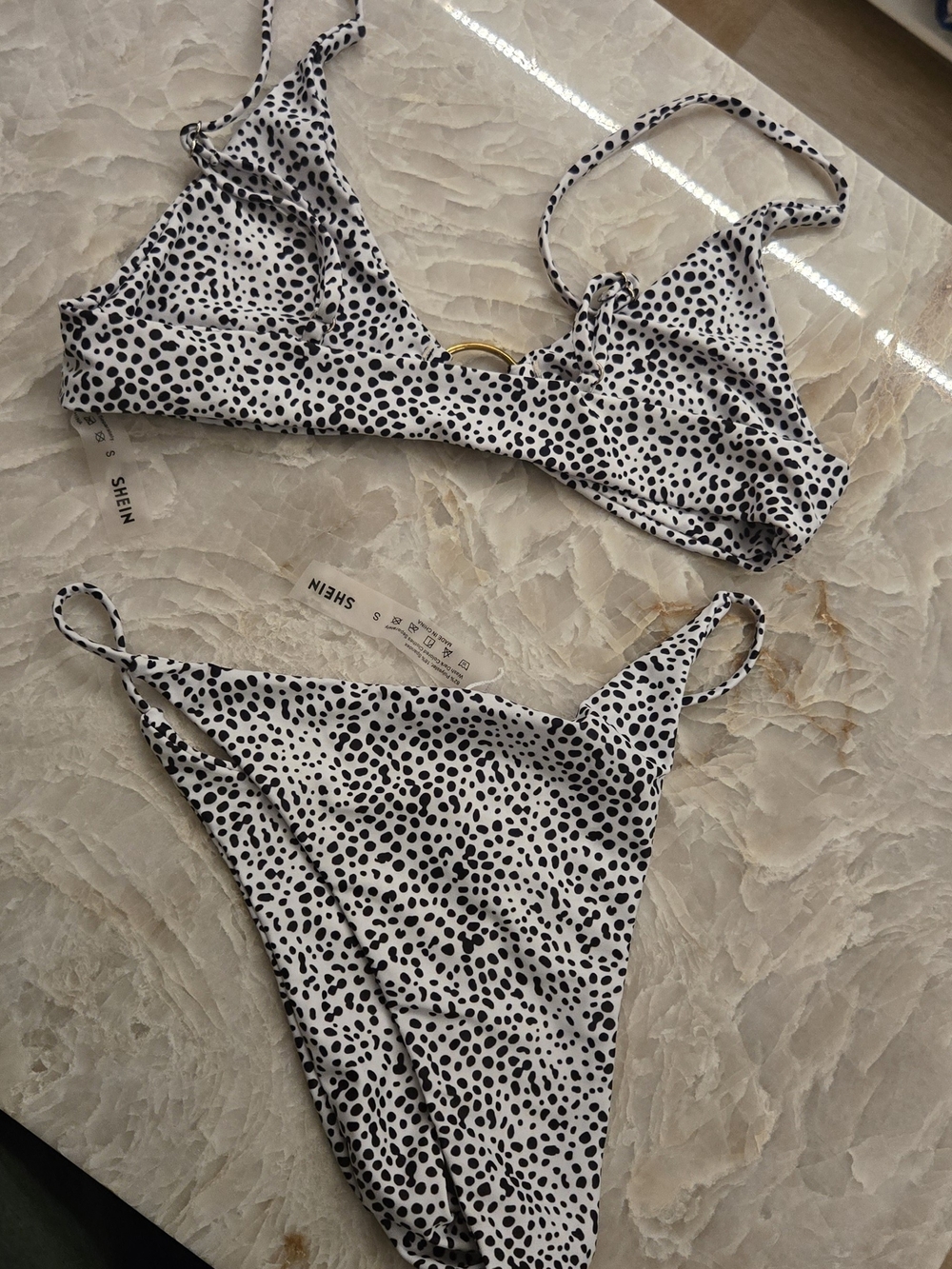 SHEIN Black & White Spotted Triangle Bikini Set
